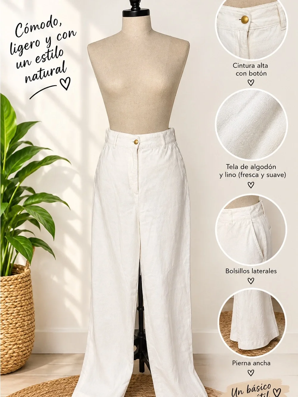 Zara Cream High-Rise Wide-Leg Linen Blend Pants